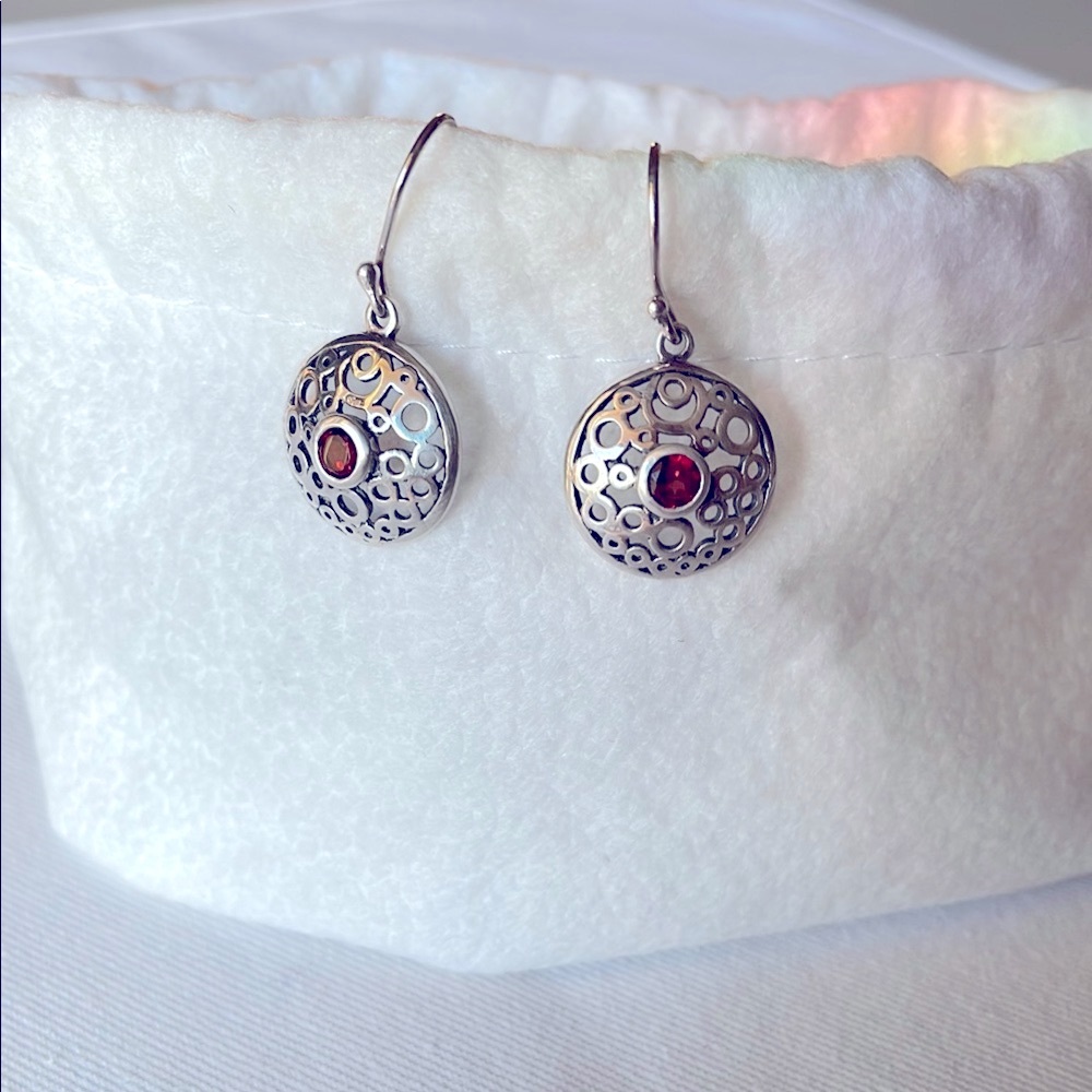 Elegant Silver Red Garnet Round Filigree Dangle Earrings